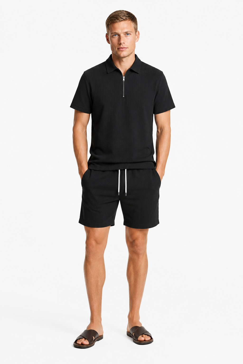 Todelt sommersæt til mænd med skjorte med halv lynlås og shorts - - Tøj-sæt - Valmont Wear