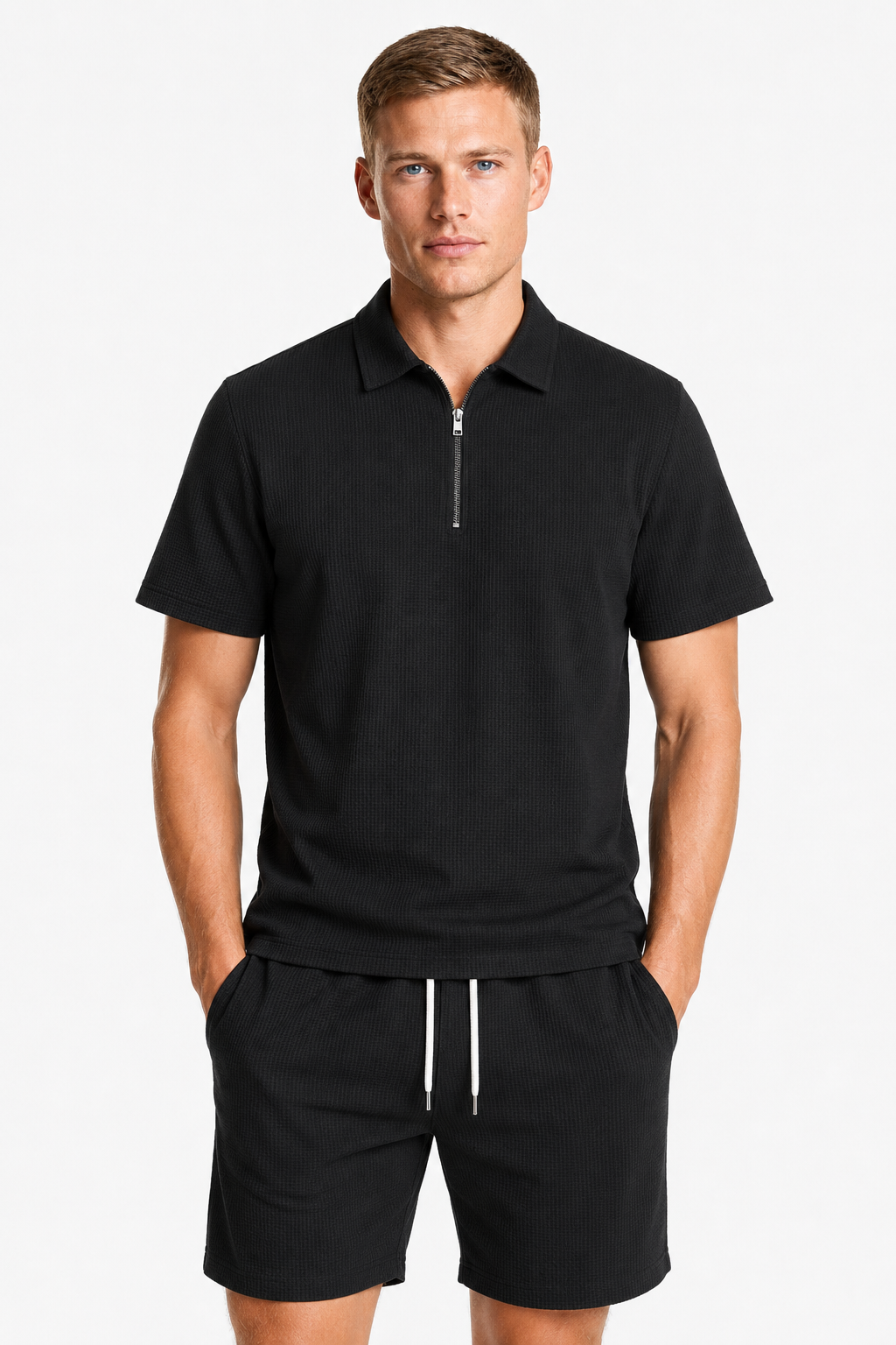 Todelt sommersæt til mænd med skjorte med halv lynlås og shorts - - Tøj-sæt - Valmont Wear