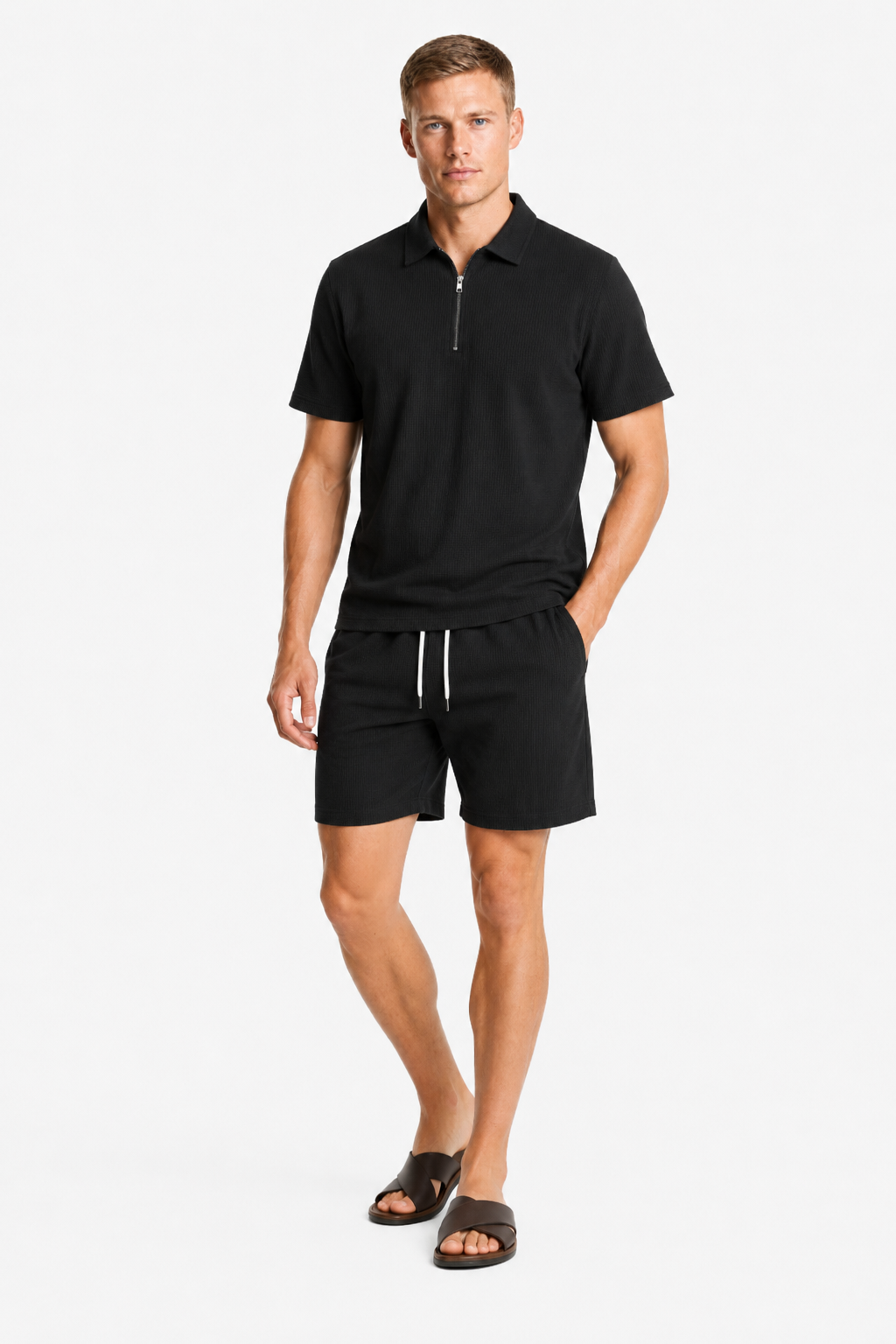 Todelt sommersæt til mænd med skjorte med halv lynlås og shorts - - Tøj-sæt - Valmont Wear