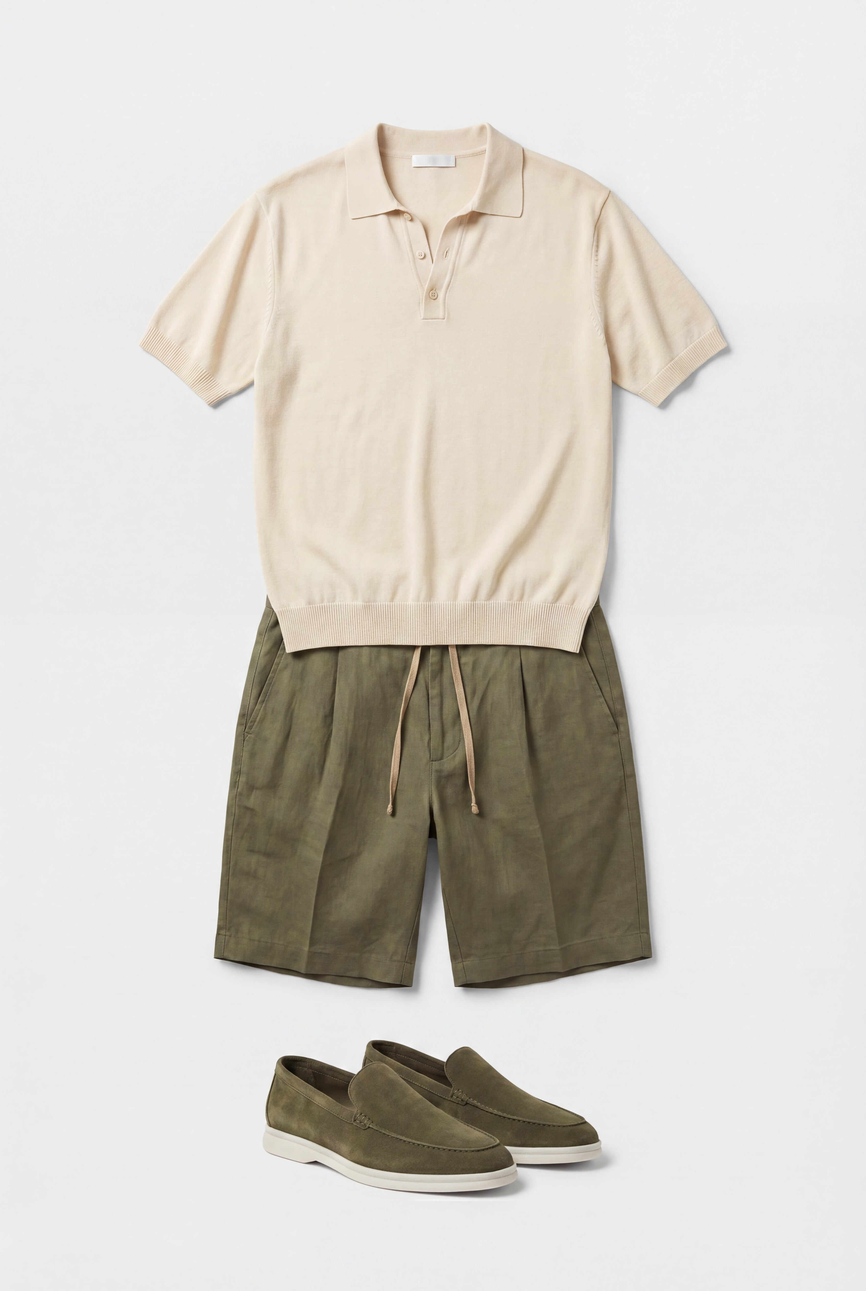 Ensemble d'été complet pour hommes - Polo en maille, short en lin & mocassins en daim - Vert olive & crème blanc