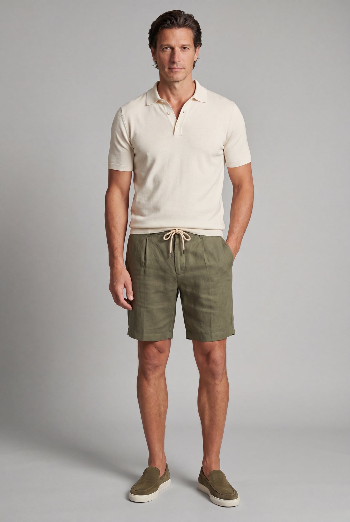 Set polo lavorato a maglia per uomo - Set estivo verde oliva e crema con pantaloncini in lino e mocassini