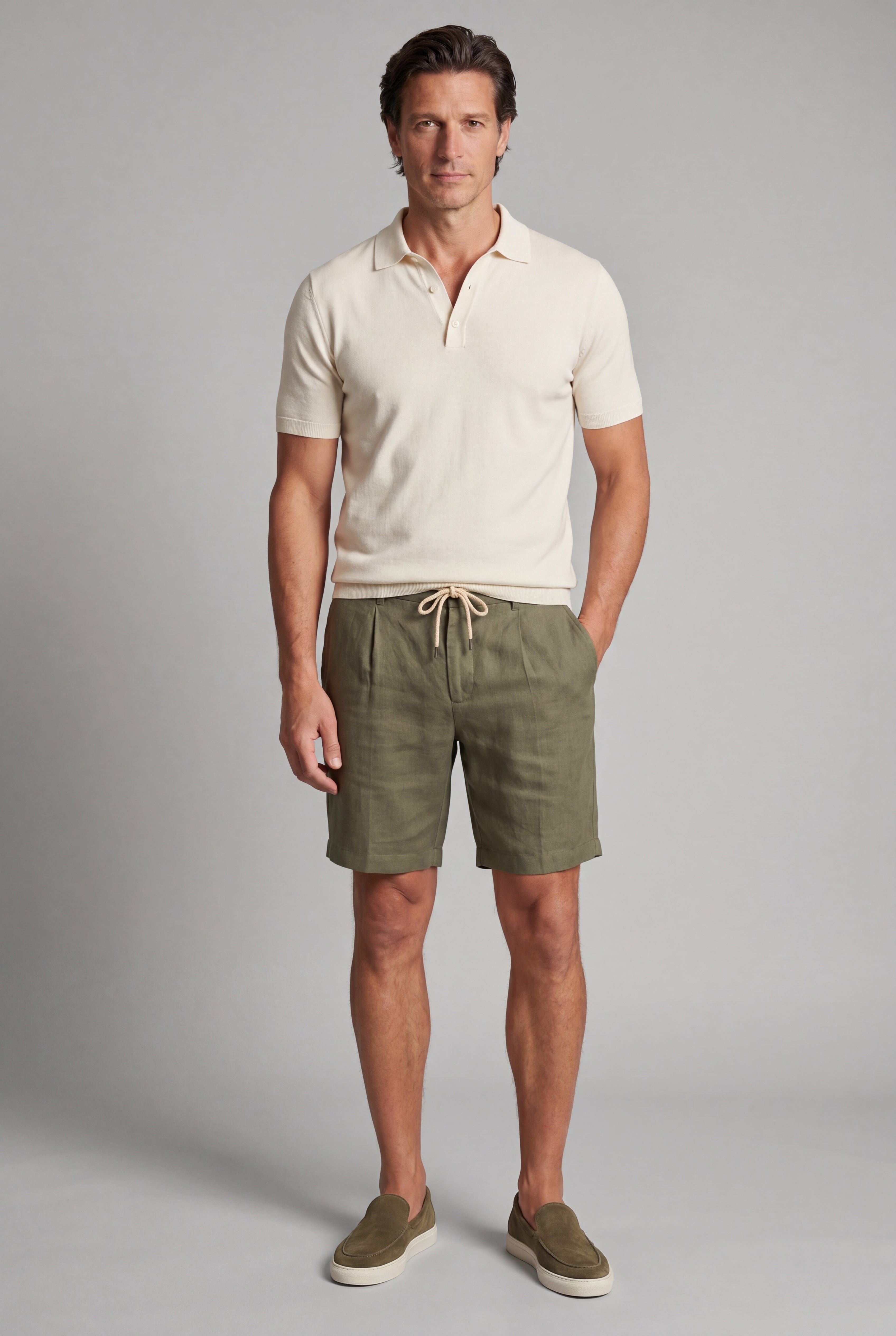 Ensemble d'été complet pour hommes - Polo en maille, short en lin & mocassins en daim - Vert olive & crème blanc