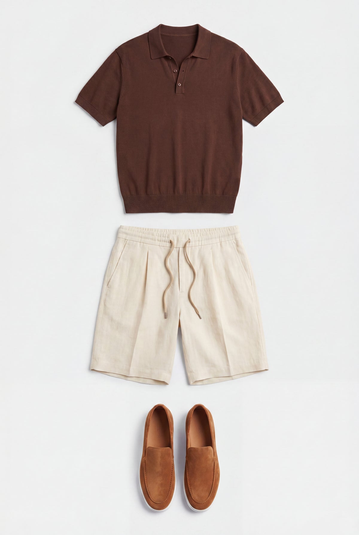 Conjunto de verano para hombre - Polo de punto, pantalones cortos de lino y mocasines de ante - Marrón chocolate y crema blanca