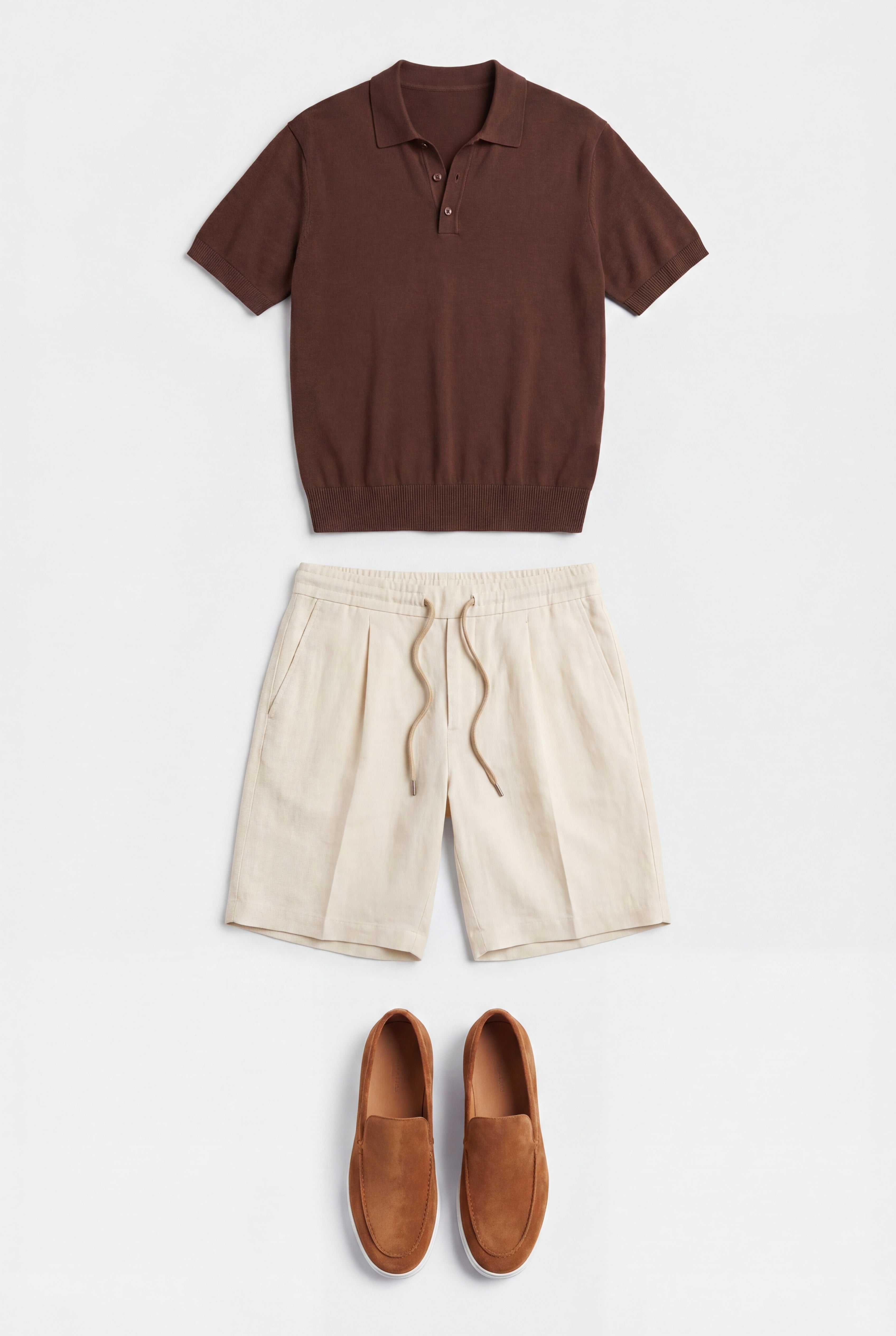 Ensemble d'été complet pour hommes - Polo en maille, short en lin et mocassins en daim - Chocolat brun & crème blanche