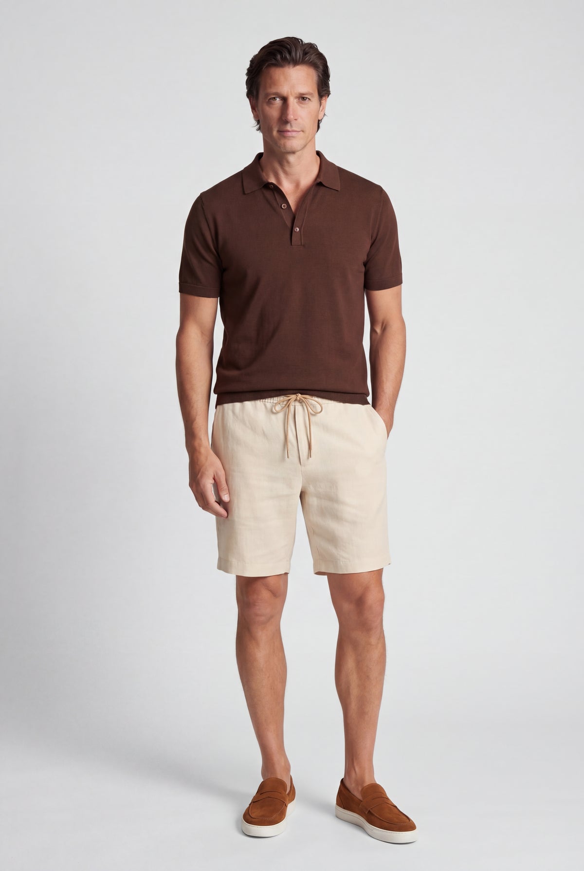Conjunto de verano para hombre - Polo de punto, pantalones cortos de lino y mocasines de ante - Marrón chocolate y crema blanca