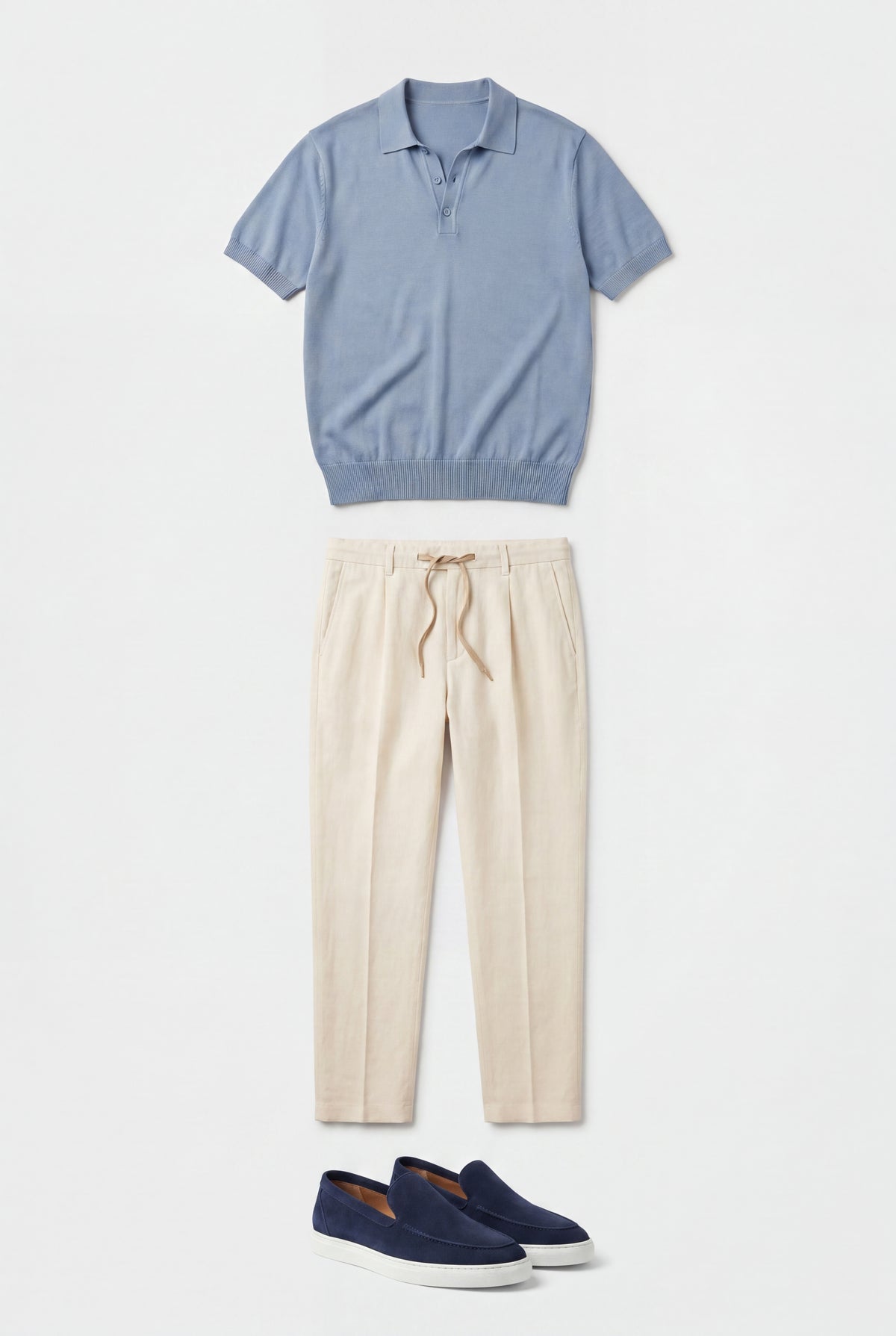 Completo estivo uomo - Polo a maglia, pantaloni in lino e mocassini in camoscio - Azzurro chiaro e crema bianco