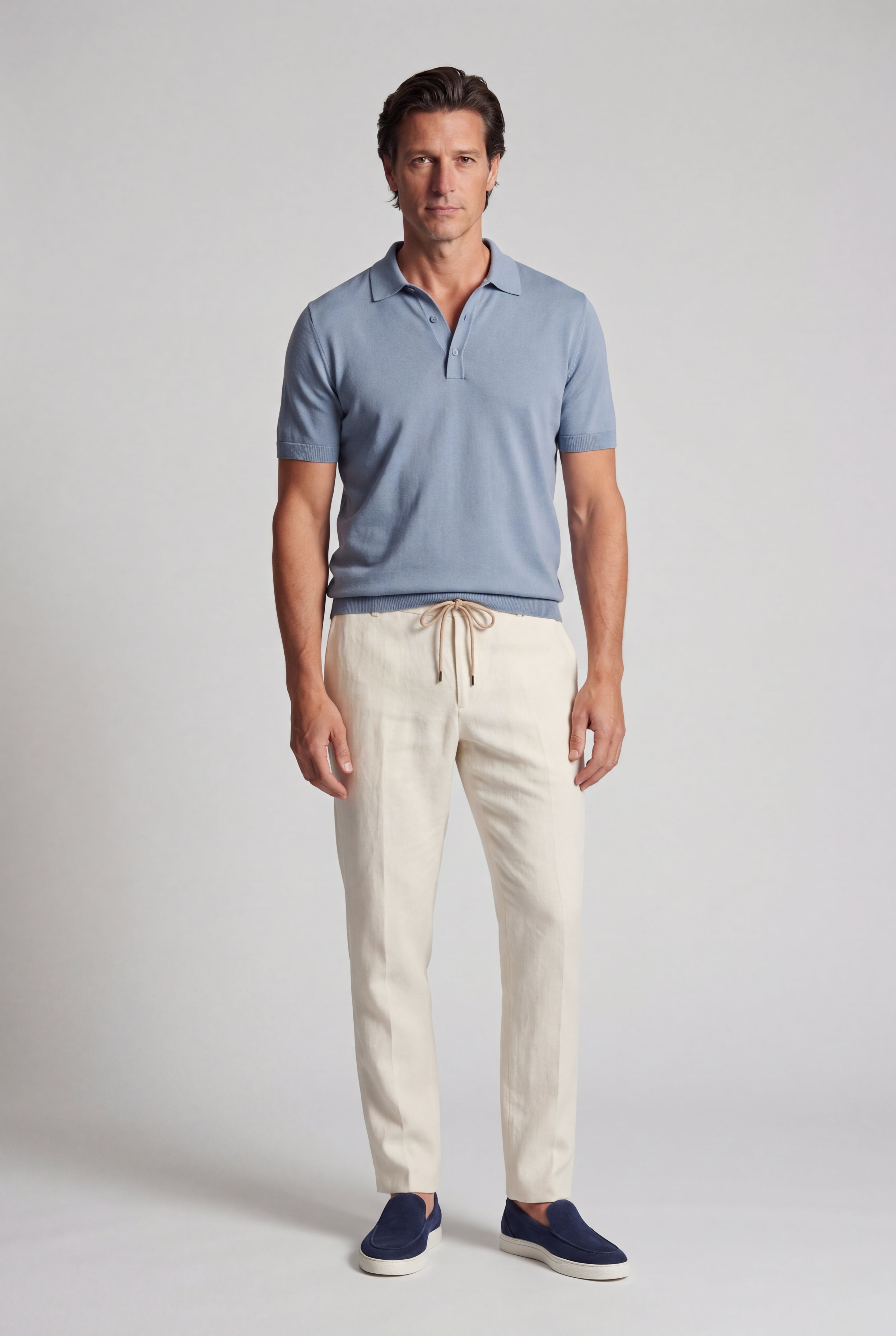 Ensemble d'été complet pour hommes - Polo en maille, pantalon en lin et mocassins en daim - Bleu clair et crème