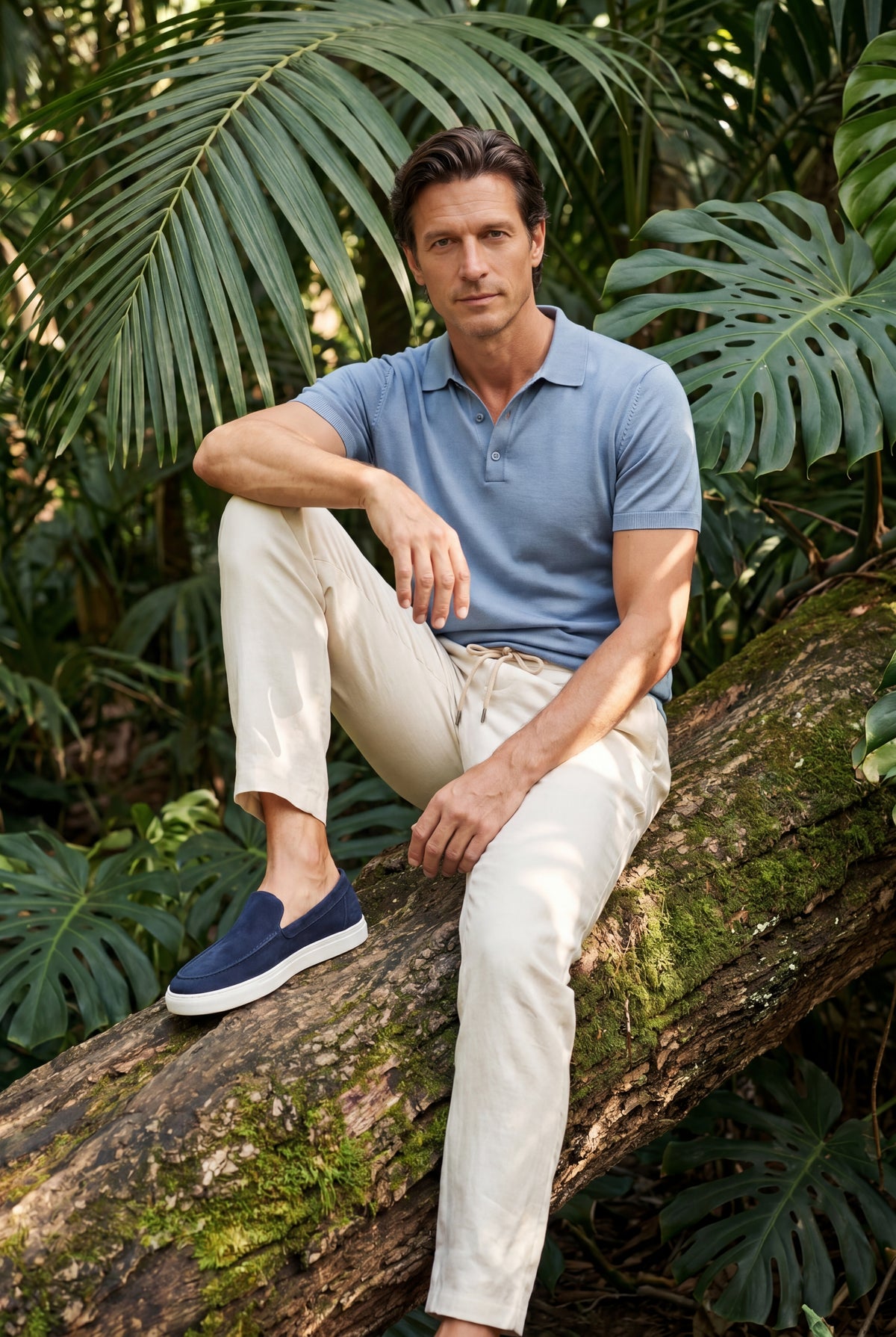 Completo estivo uomo - Polo a maglia, pantaloni in lino e mocassini in camoscio - Azzurro chiaro e crema bianco