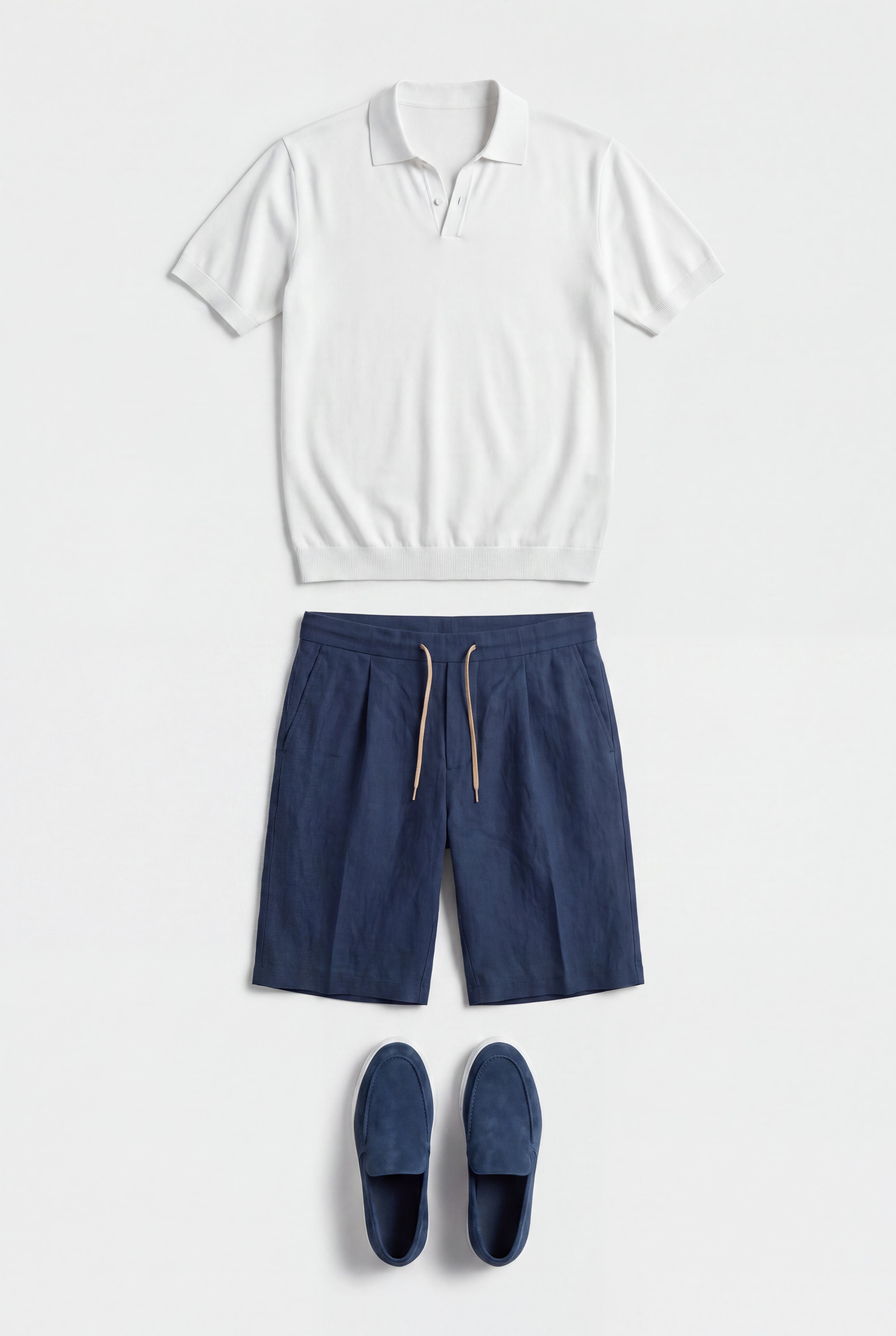 Ensemble d'été complet pour hommes - Polo en maille, short en lin et mocassins en daim - Crème blanc et bleu marine