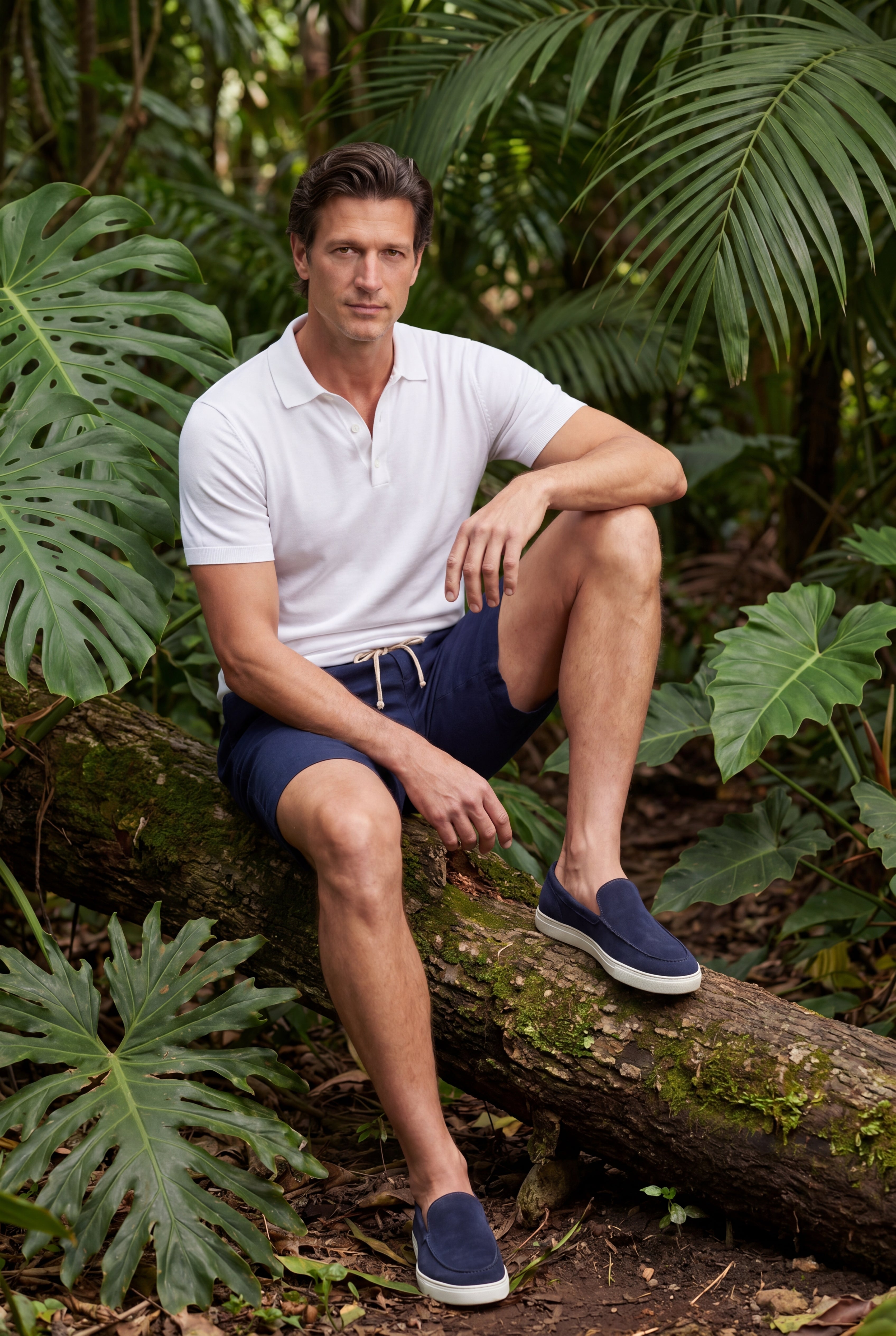 Ensemble d'été complet pour hommes - Polo en maille, short en lin et mocassins en daim - Crème blanc et bleu marine