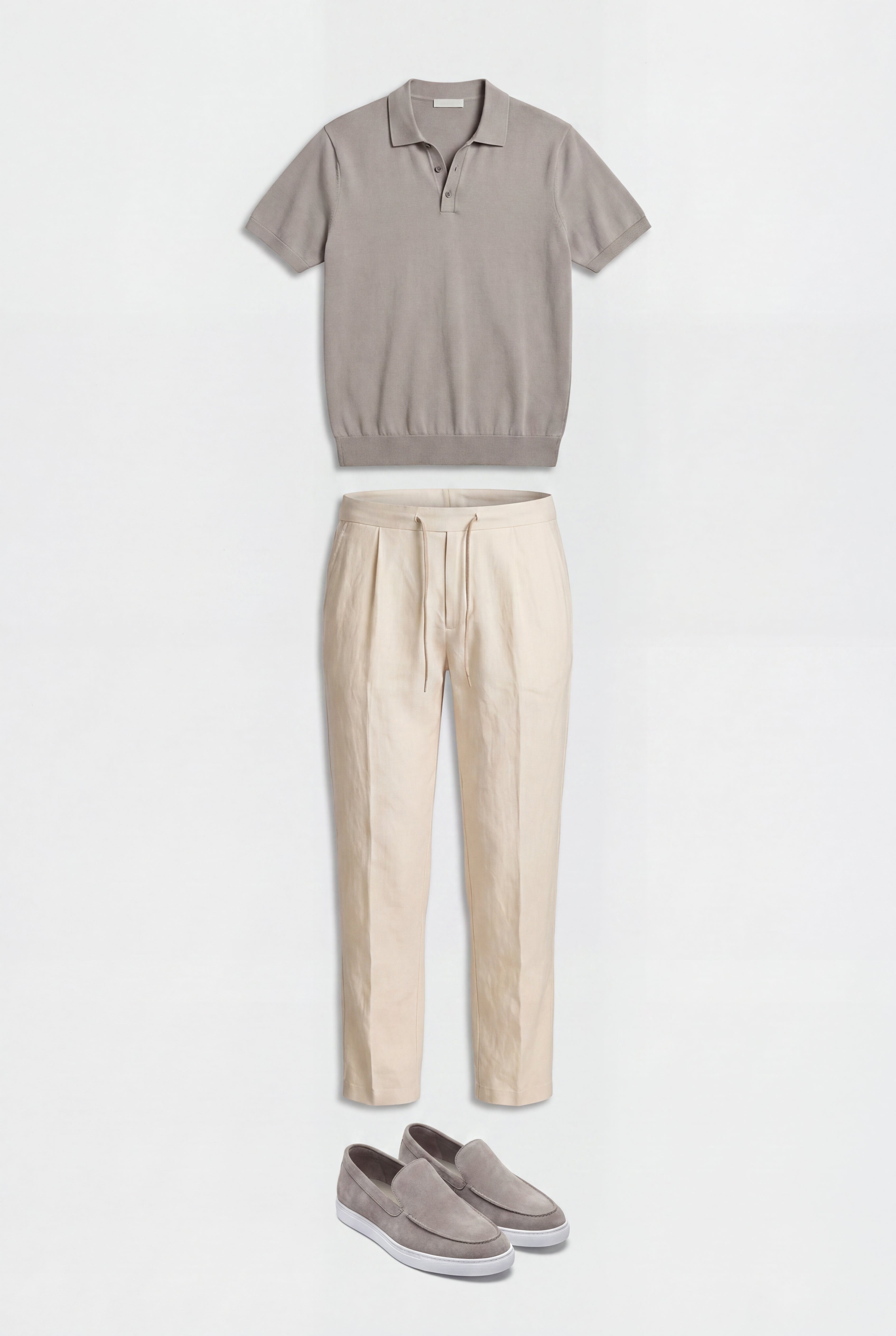 Ensemble d'été complet pour hommes - Polo en maille, pantalon en lin & mocassins en daim - Gris pierre & crème blanche