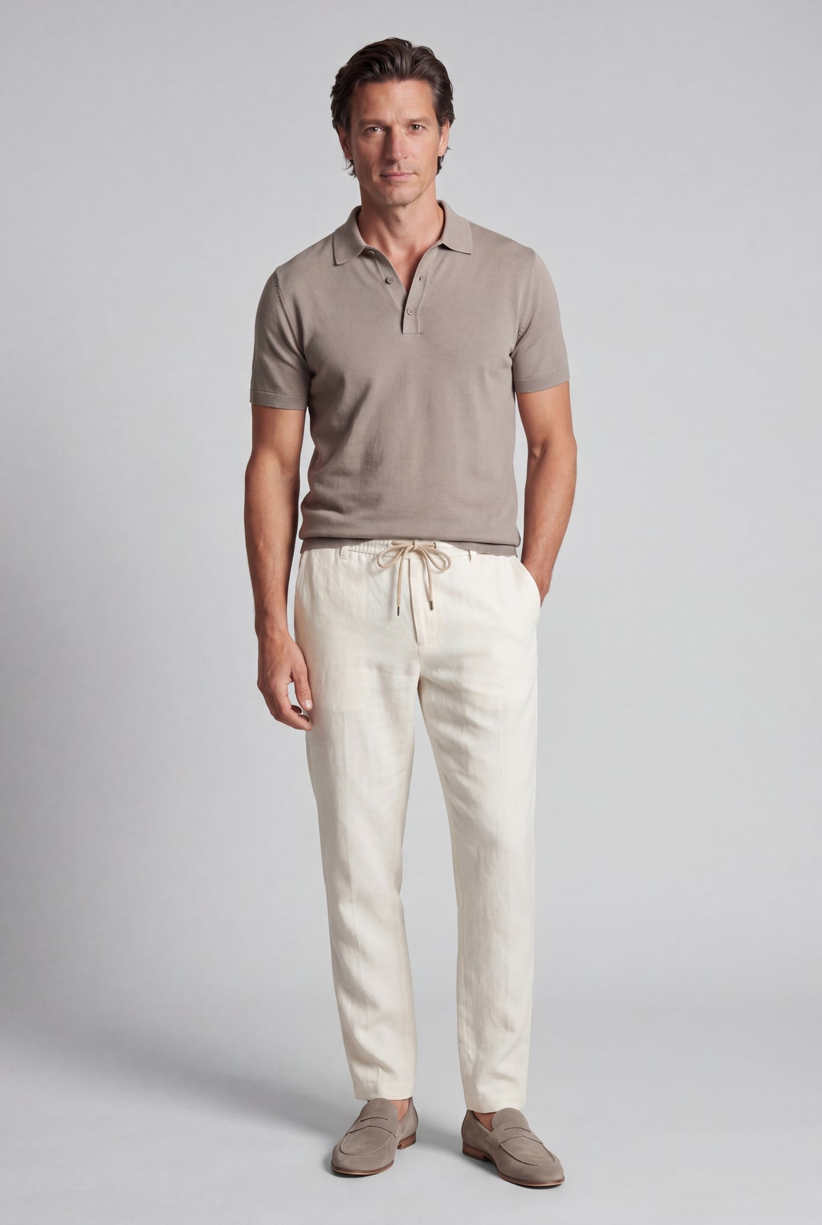 Komplettes Sommer-Set Herren - Strick-Poloshirt, Leinenhose & Wildleder-Loafer - Stein Grau & Cremeweiß