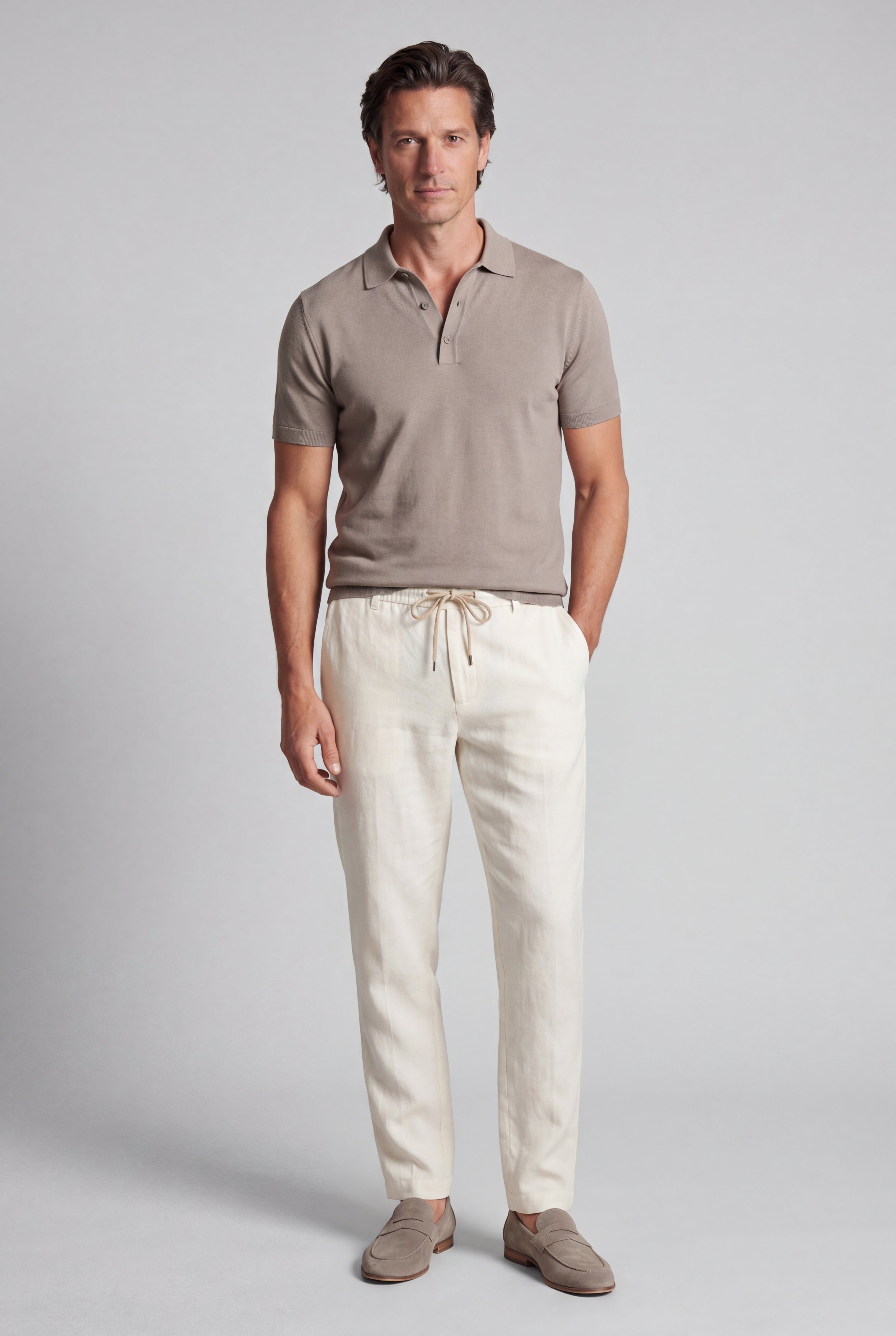 Ensemble d'été complet pour hommes - Polo en maille, pantalon en lin & mocassins en daim - Gris pierre & crème blanche
