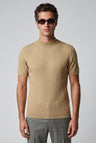 Herre Slim Fit T-shirt i Sand Ribstrikket Bomuld med Mock Neck - Sand - Herre T-shirts - Valmont Wear