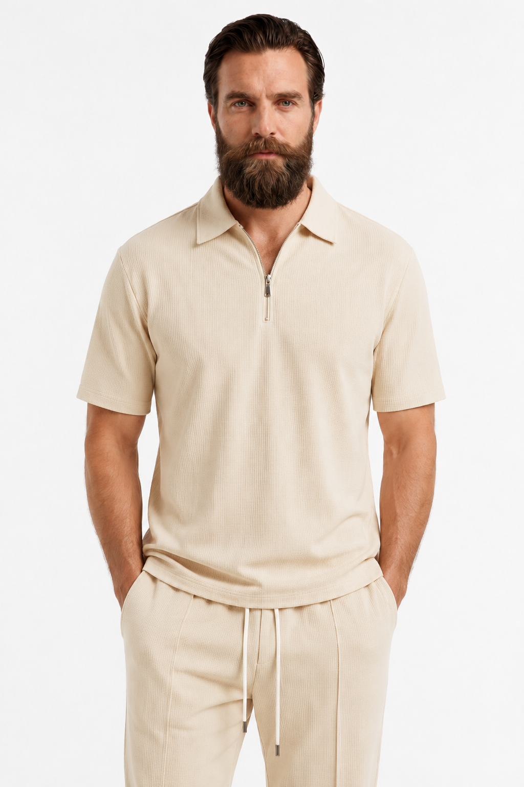 Beige todelt herresæt med struktureret skjorte med lynlås og bukser - - Sommer Sæt - Valmont Wear