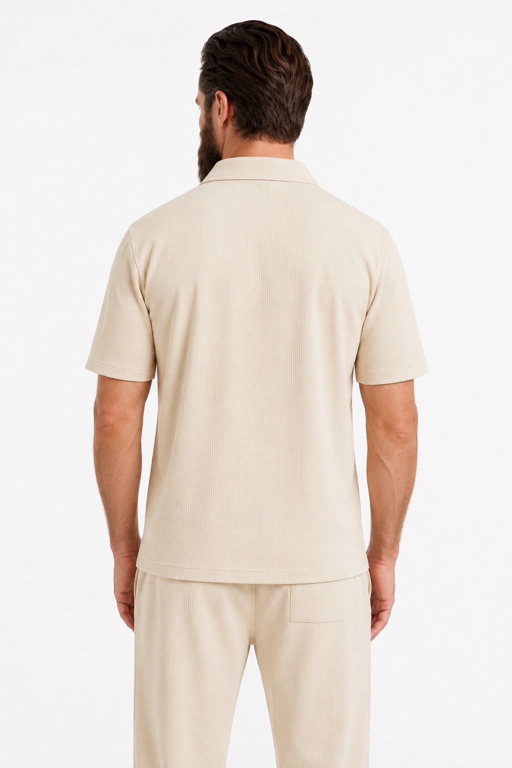 Beige todelt herresæt med struktureret skjorte med lynlås og bukser - - Sommer Sæt - Valmont Wear