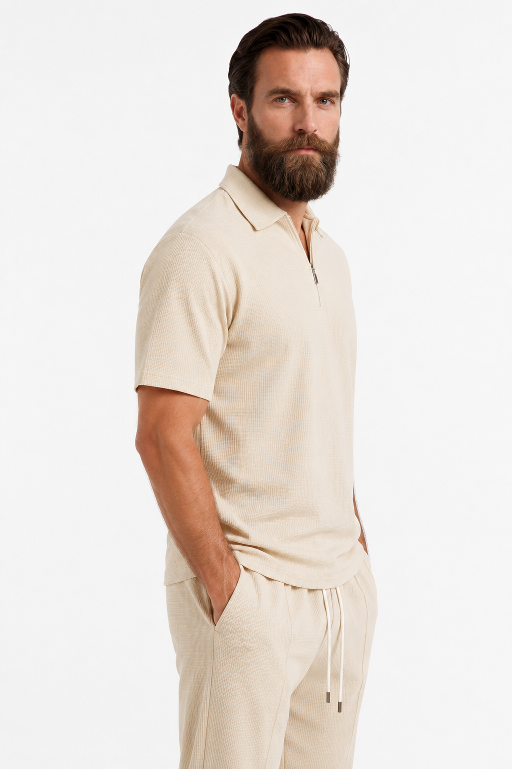 Beige todelt herresæt med struktureret skjorte med lynlås og bukser - - Sommer Sæt - Valmont Wear
