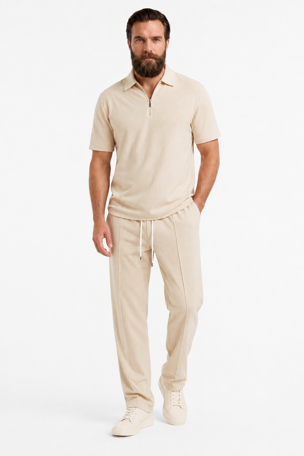 Beige todelt herresæt med struktureret skjorte med lynlås og bukser - - Sommer Sæt - Valmont Wear