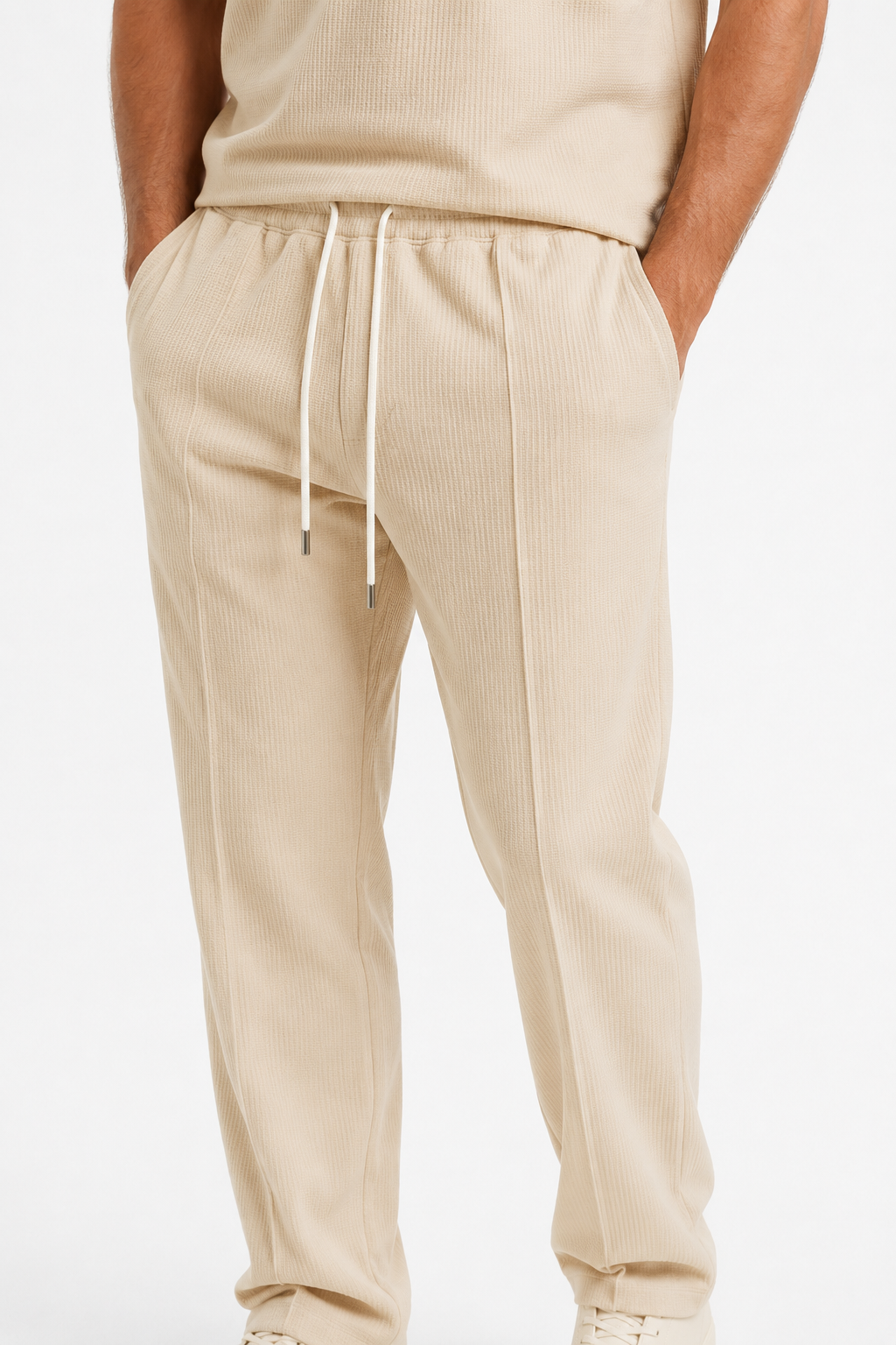Beige todelt herresæt med struktureret skjorte med lynlås og bukser - - Sommer Sæt - Valmont Wear