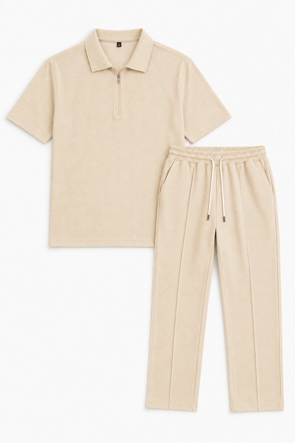 Beige todelt herresæt med struktureret skjorte med lynlås og bukser - Beige - Sommer Sæt - Valmont Wear