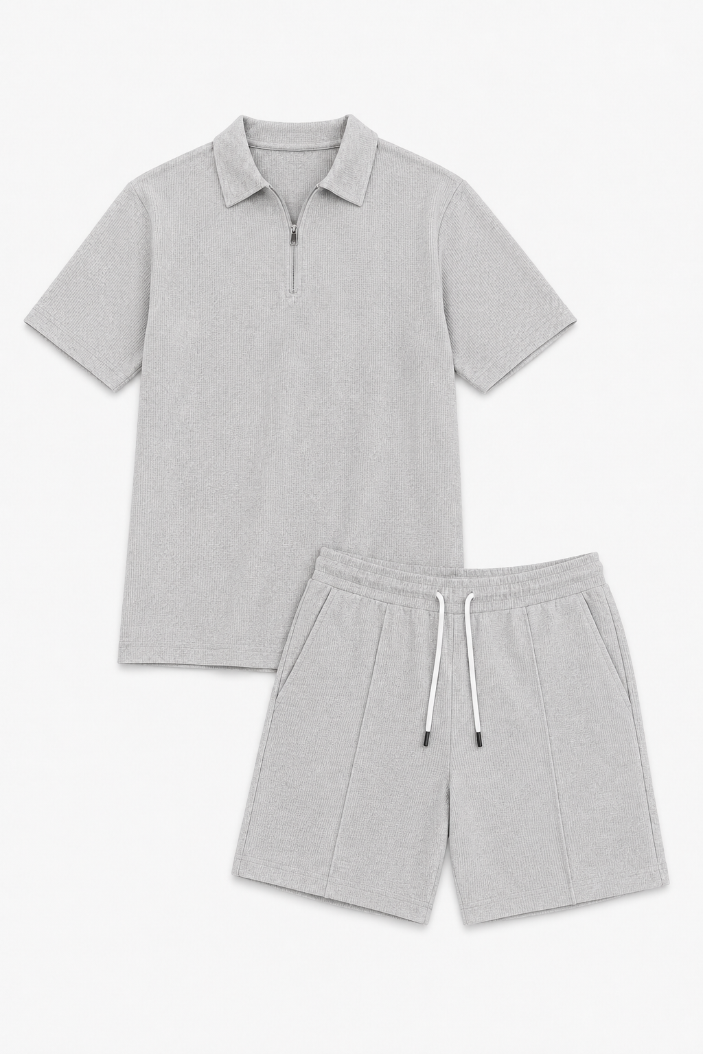 Ensemble d'été deux pièces gris pour homme avec chemise à demi-fermeture éclair et short