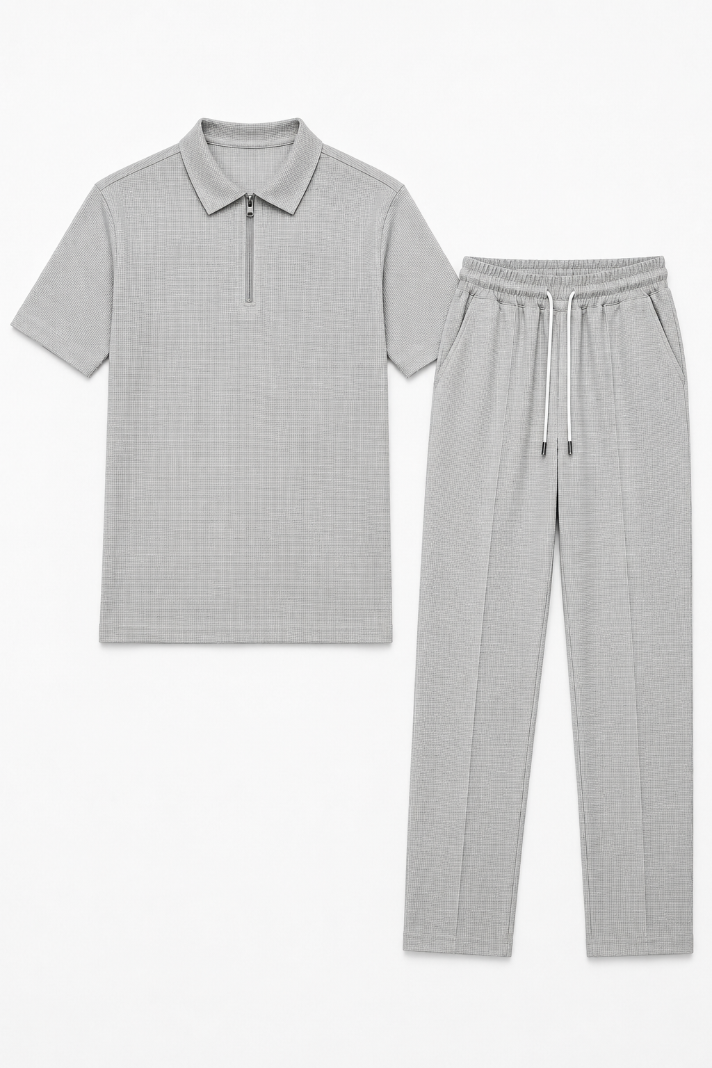 Todelt herresæt med struktureret skjorte med lynlås og bukser med snøre - Grå - Sommer Sæt - Valmont Wear