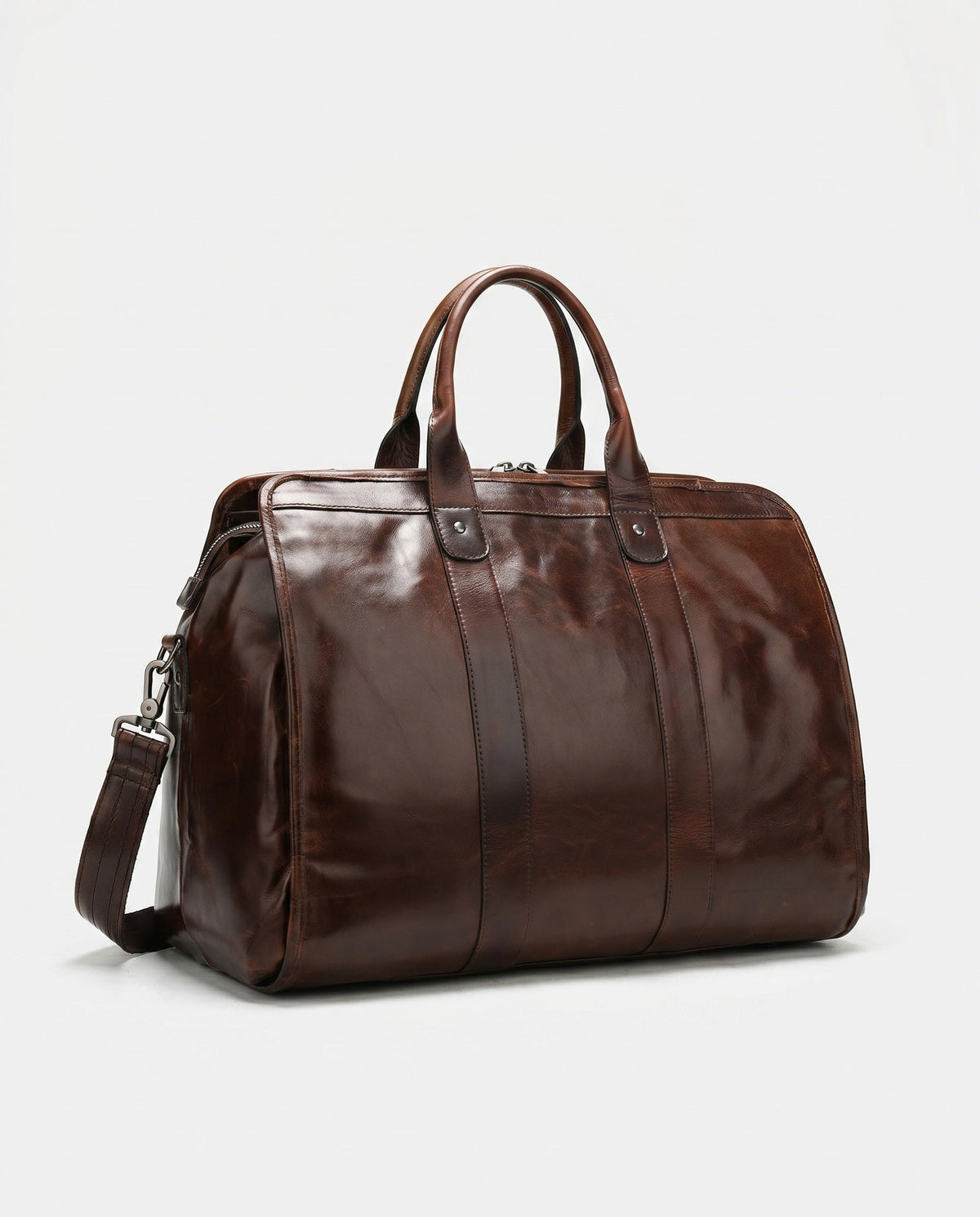 Polished Leather Duffel Bag for Men - Dark Brown Briefcase Style
