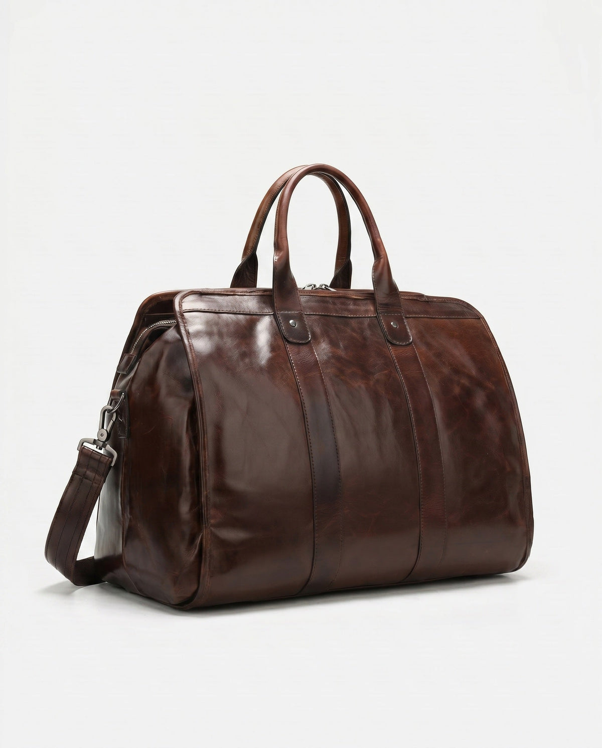 Polished Leather Duffel Bag for Men - Dark Brown Briefcase Style