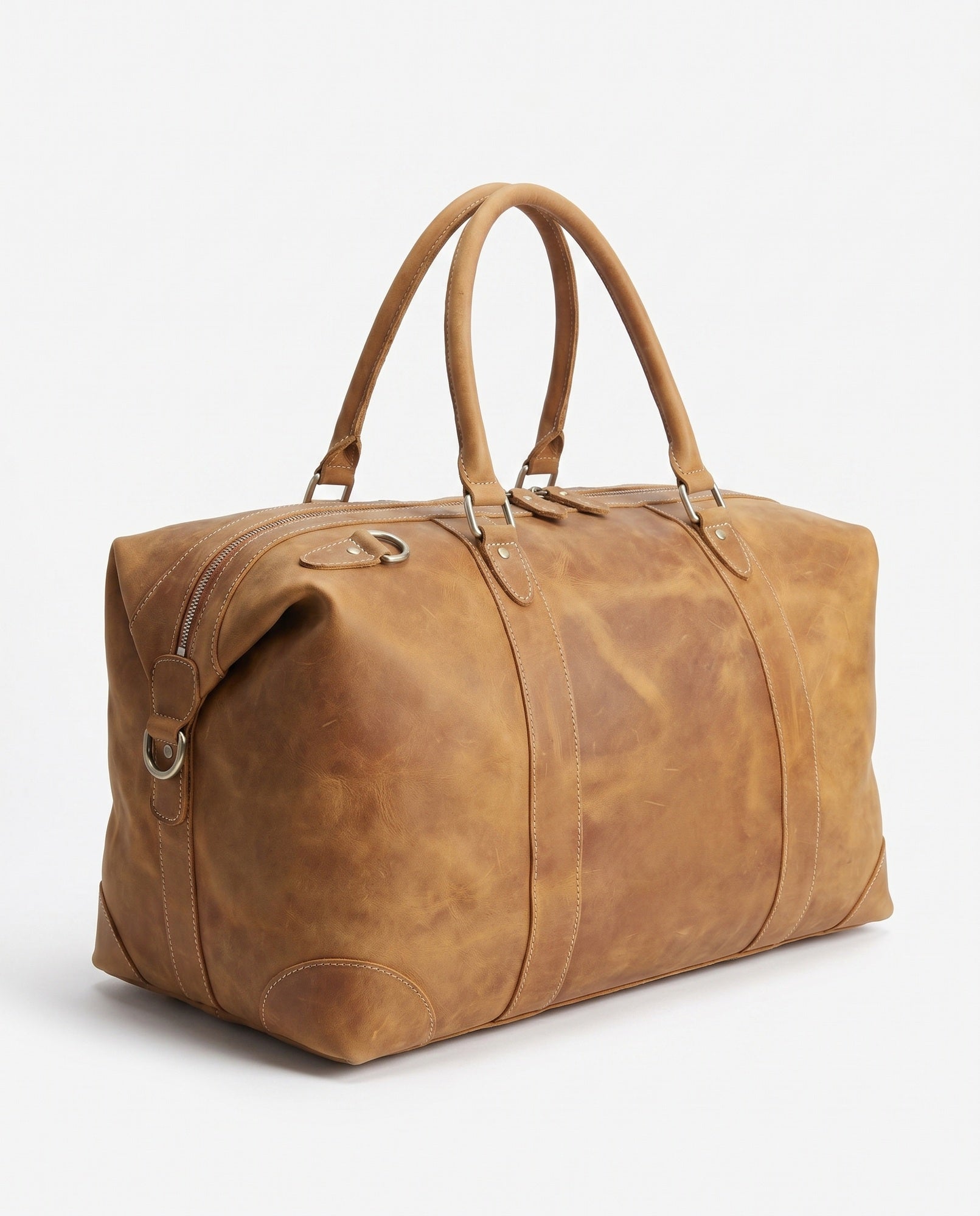 Sac de week-end vintage en cuir Crazy-Horse pour hommes - Tan avec anneaux en D en laiton