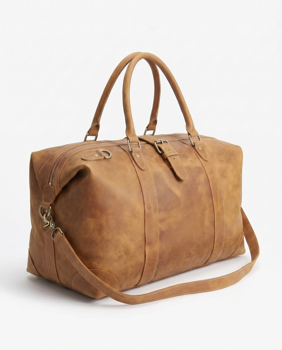 Sac de week-end vintage en cuir Crazy-Horse pour hommes - Tan avec anneaux en D en laiton