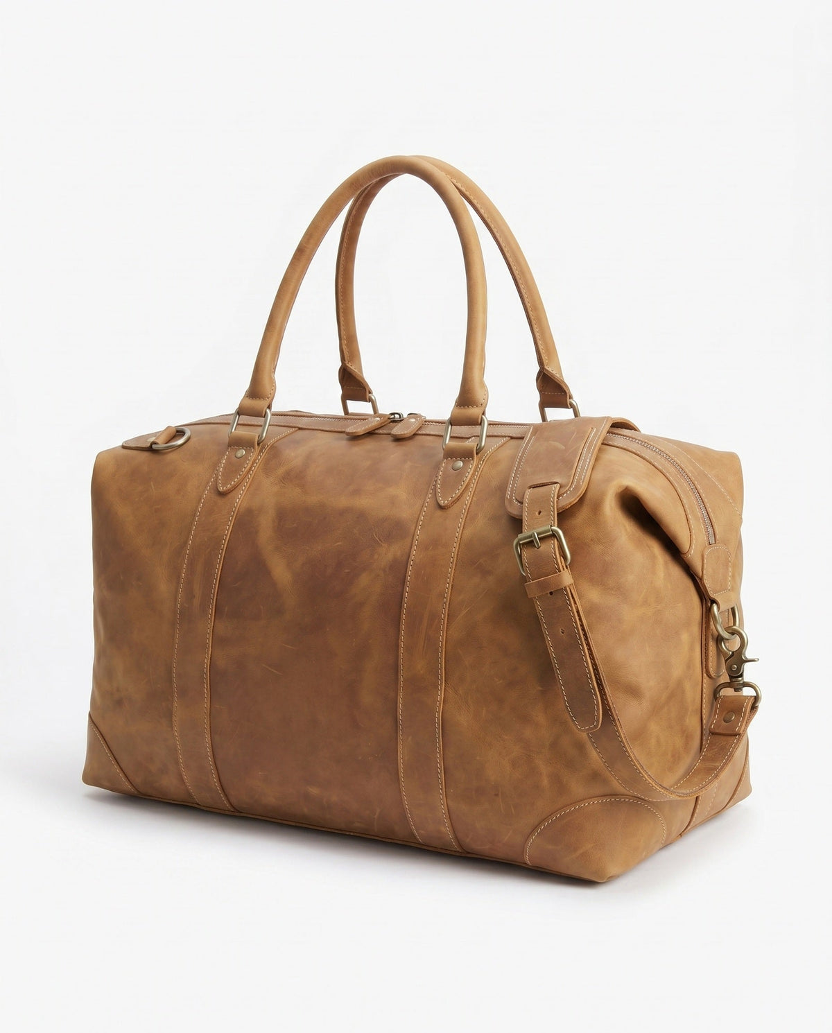 Sac de week-end vintage en cuir Crazy-Horse pour hommes - Tan avec anneaux en D en laiton