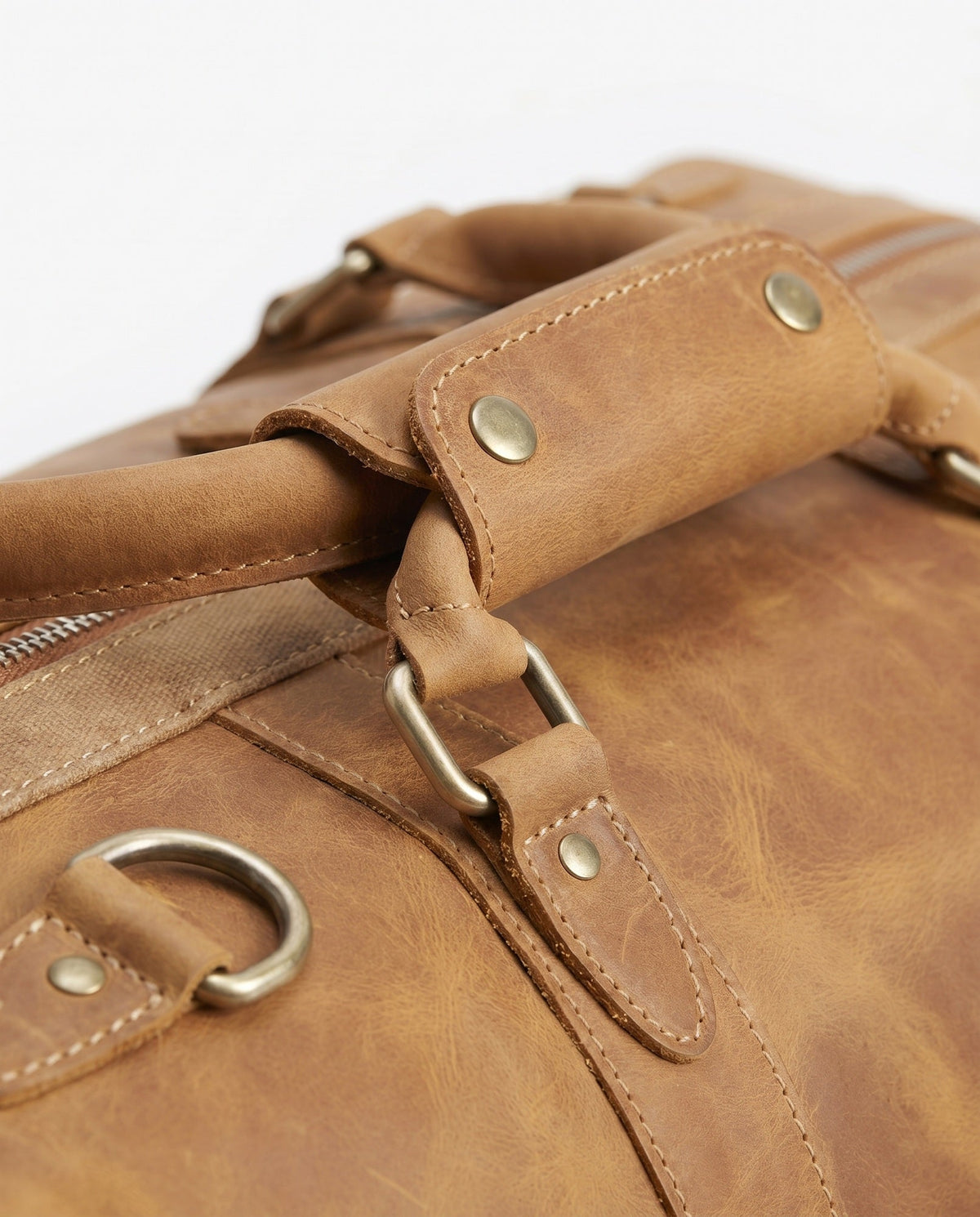 Sac de week-end vintage en cuir Crazy-Horse pour hommes - Tan avec anneaux en D en laiton
