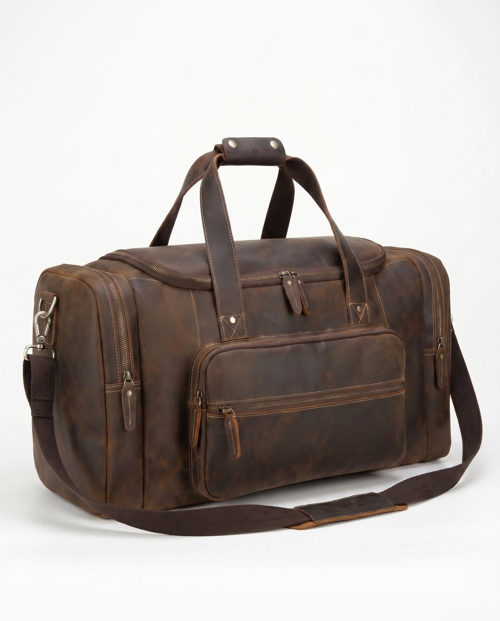 Crazy Horse Leather Duffel Bag for Men - Dark Brown with Front Pocket