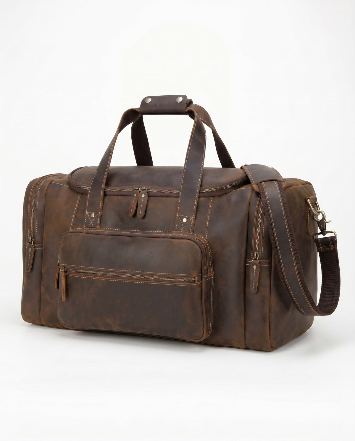 Crazy Horse Leather Duffel Bag for Men - Dark Brown with Front Pocket