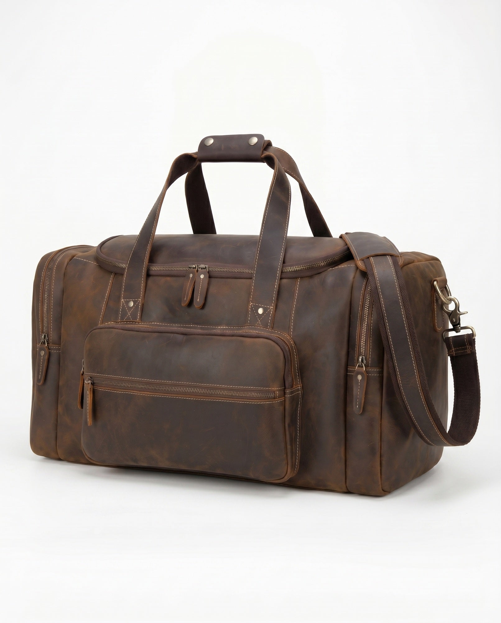 Crazy Horse Leather Duffel Bag for Men - Dark Brown with Front Pocket