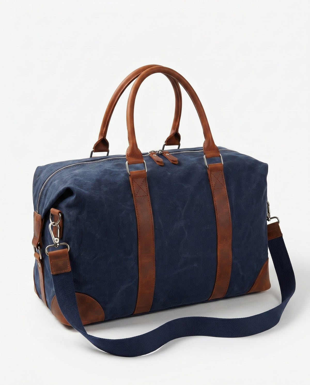 Vokset Canvas Sportstaske til Mænd - Marineblå med Cognac Læder - - Taske - Valmont Wear