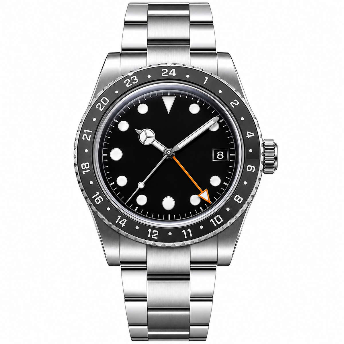 Reloj GMT de Hombre – Esfera Negra, Bisel 24 Horas, Cristal Abombado, Buzo 200m, Acero Inox
