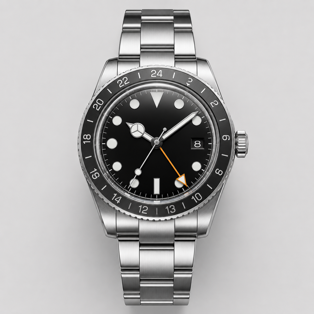 Reloj GMT de Hombre – Esfera Negra, Bisel 24 Horas, Cristal Abombado, Buzo 200m, Acero Inox