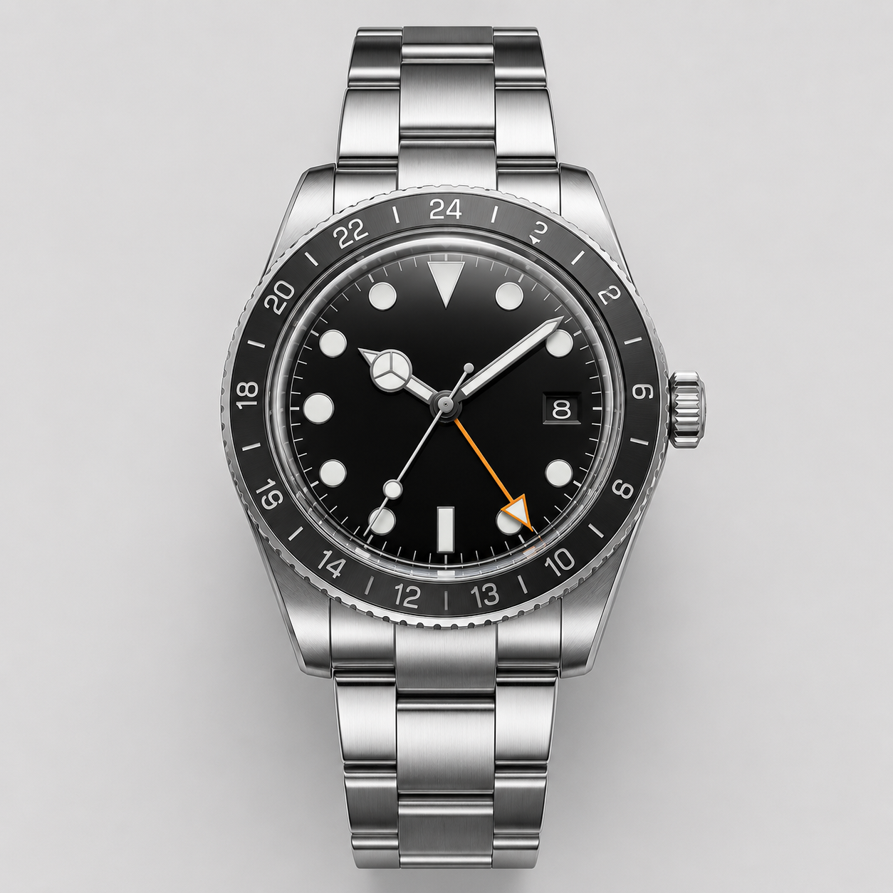 Reloj GMT de Hombre – Esfera Negra, Bisel 24 Horas, Cristal Abombado, Buzo 200m, Acero Inox